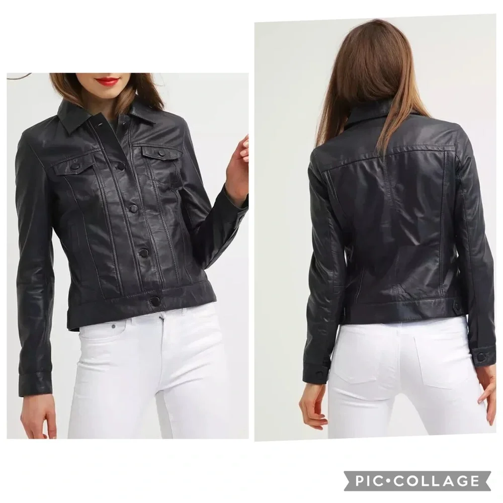 White House Black Market Coated Denim Classic Cropped Faux Leather Jacket Size 4 - Picture 1 of 16